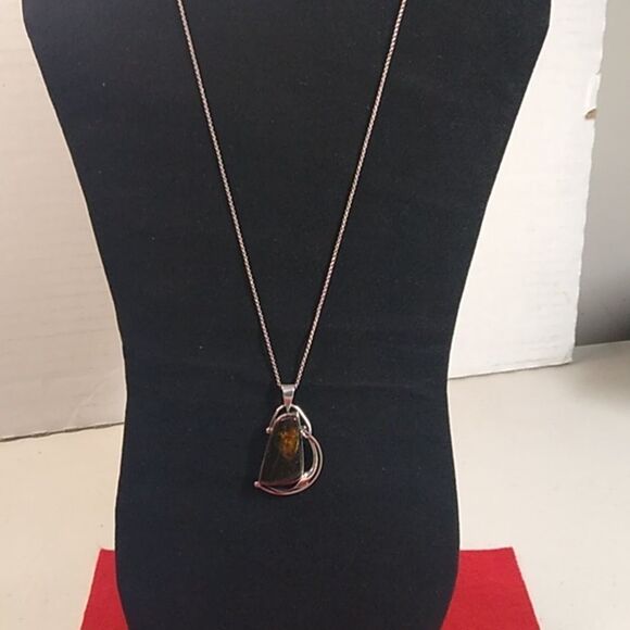 Vintage Amber Cabochon Sterling Silver Pendant/Chain Sailboat under Full Sail - Picture 2 of 10